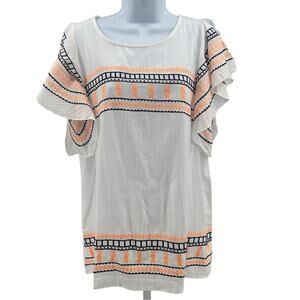 Hayden Boho Top WMNS M White Orange Embroidered Split Short Ruffle Sleeve Cotton